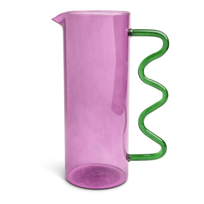 Purple glass 44oz Squiggle Pitcher with a green wavy squiggle handle