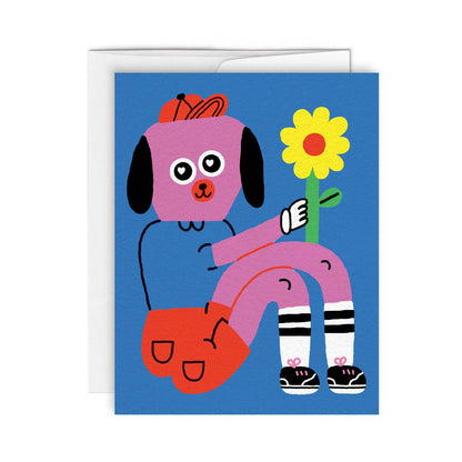 Pink dog character in a red cap holding a yellow sunflower, on blue background