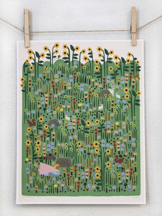 Dense green wildflower meadow archival print with rabbits, a squirrel, and sunflowers, clipped to a string — PABOOM