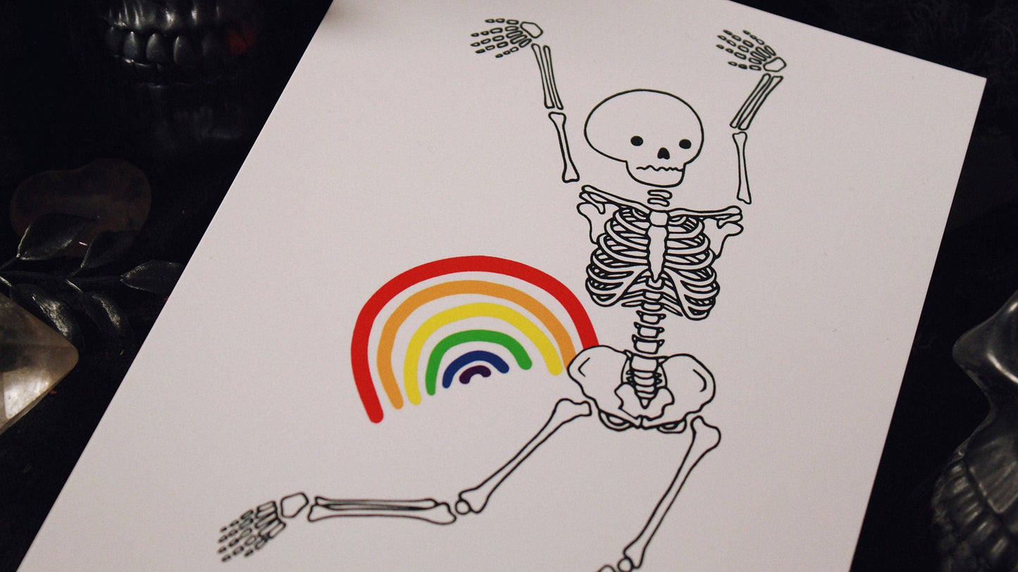 Close-up of the Gay Mess print's hand-drawn dancing skeleton illustration