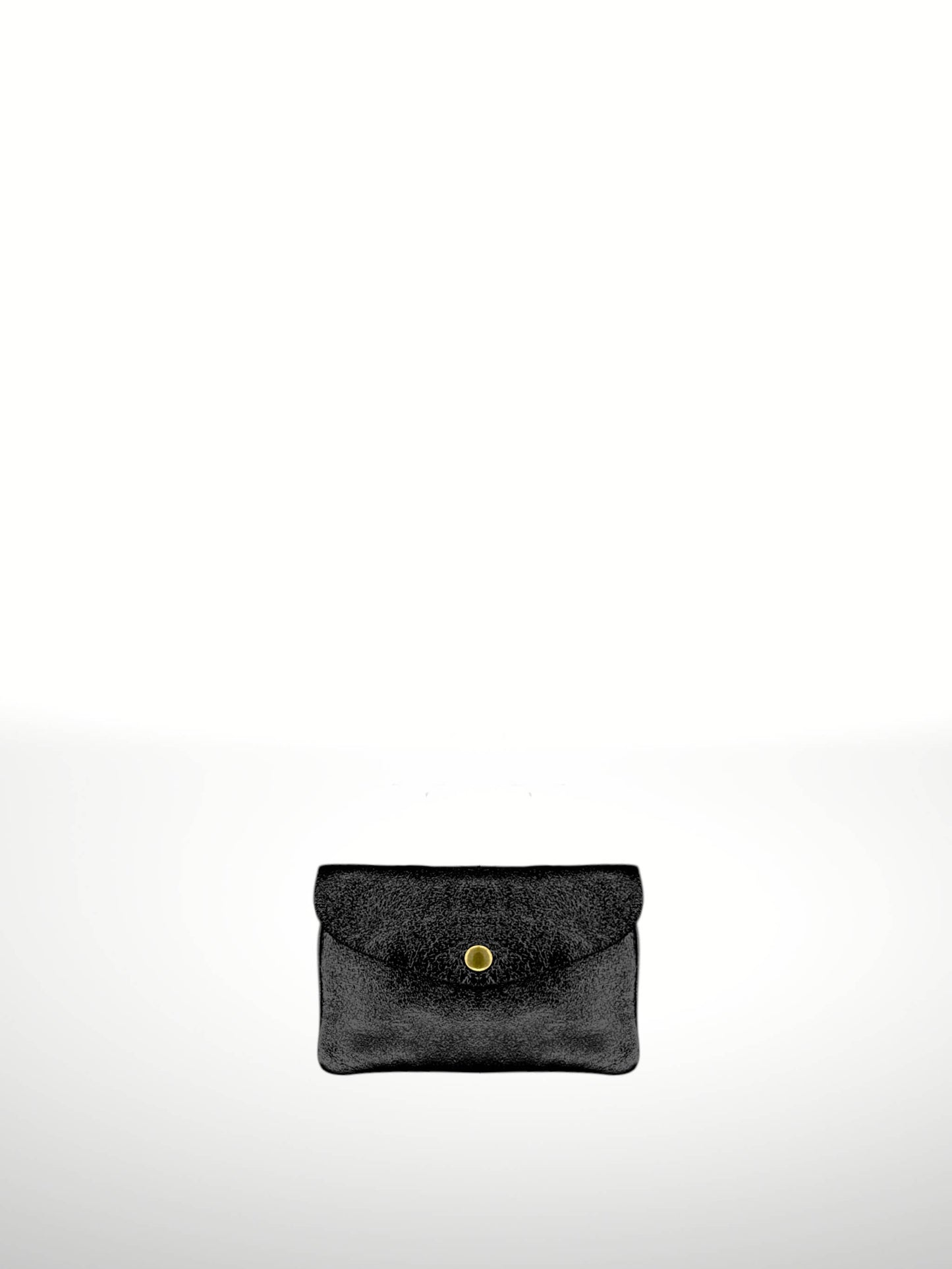 Katia Plus Laminated Suede Leather Wallet in Black — snap-flap envelope pouch with metallic textured finish, shown flat on white background
