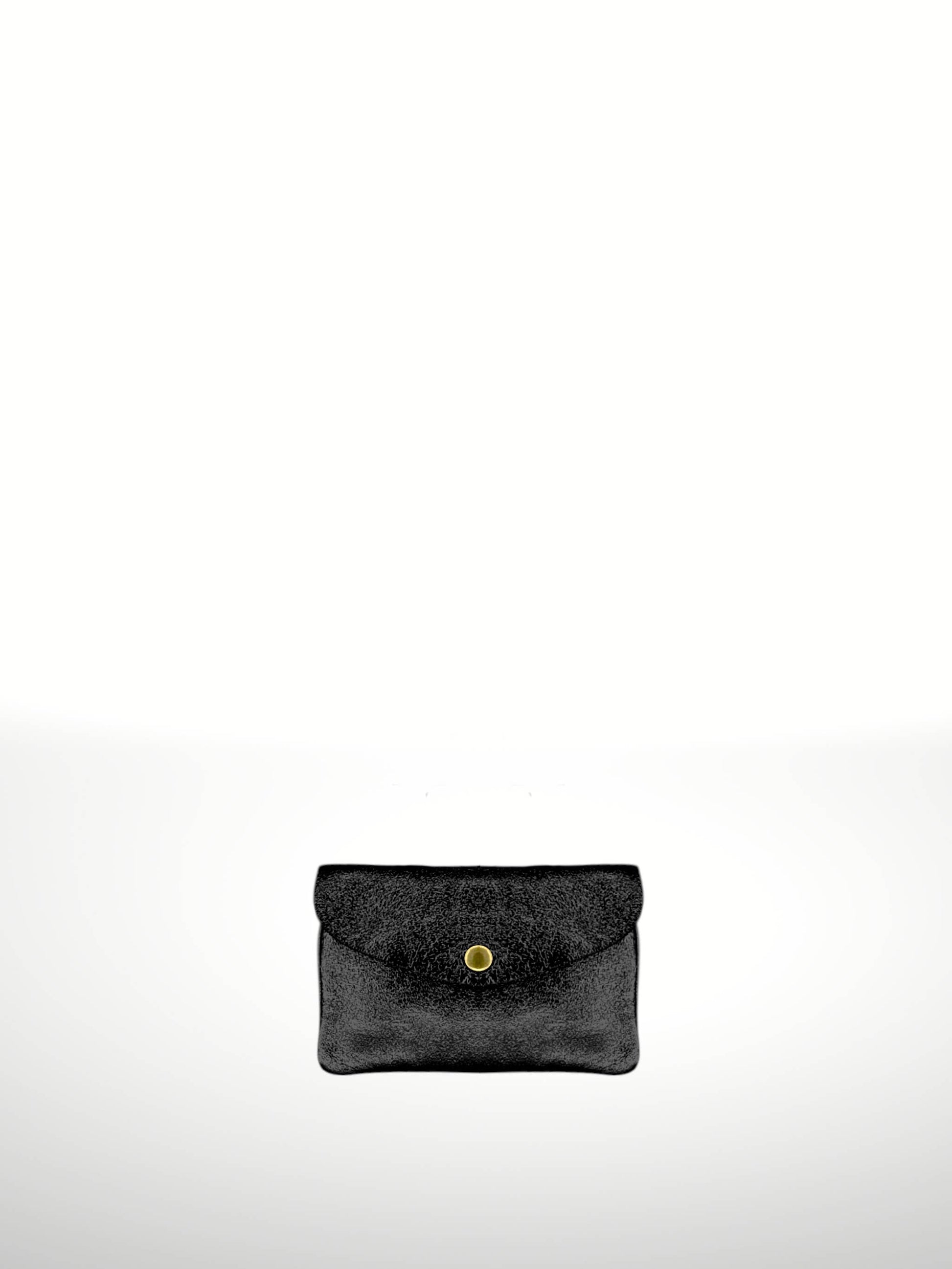 Katia Plus Laminated Suede Leather Wallet in Black — snap-flap envelope pouch with metallic textured finish, shown flat on white background