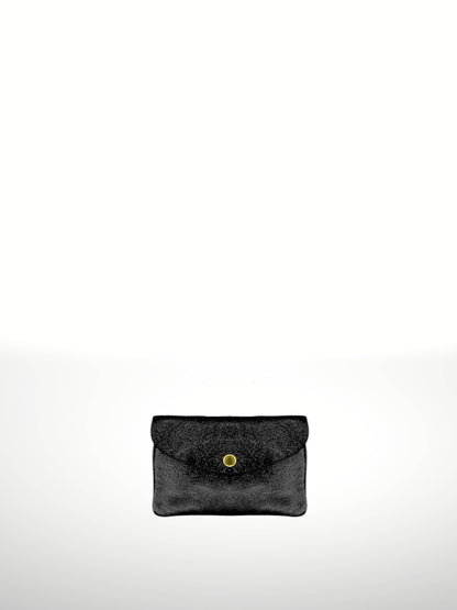 Katia Plus Laminated Suede Leather Wallet in Black — snap-flap envelope pouch with metallic textured finish, shown flat on white background