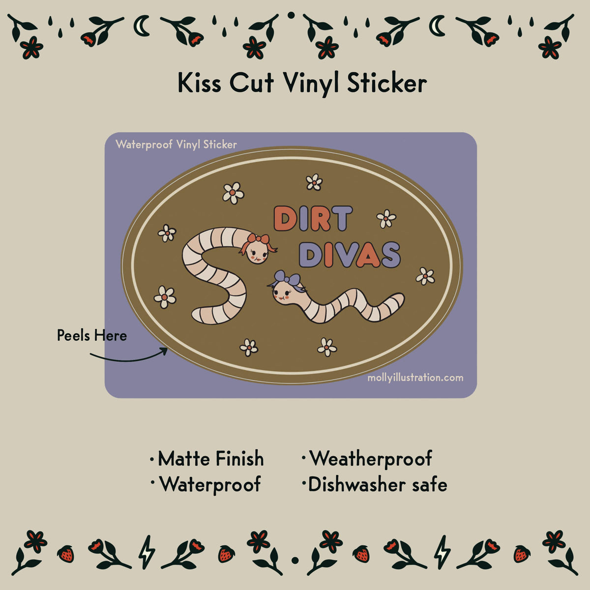 Close-up detail of the Dirt Divas worm vinyl sticker design