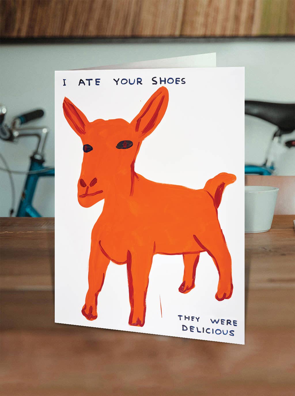 David Shrigley x Brainbox Candy I Ate Your Shoes card with neon yellow envelope - PABOOM