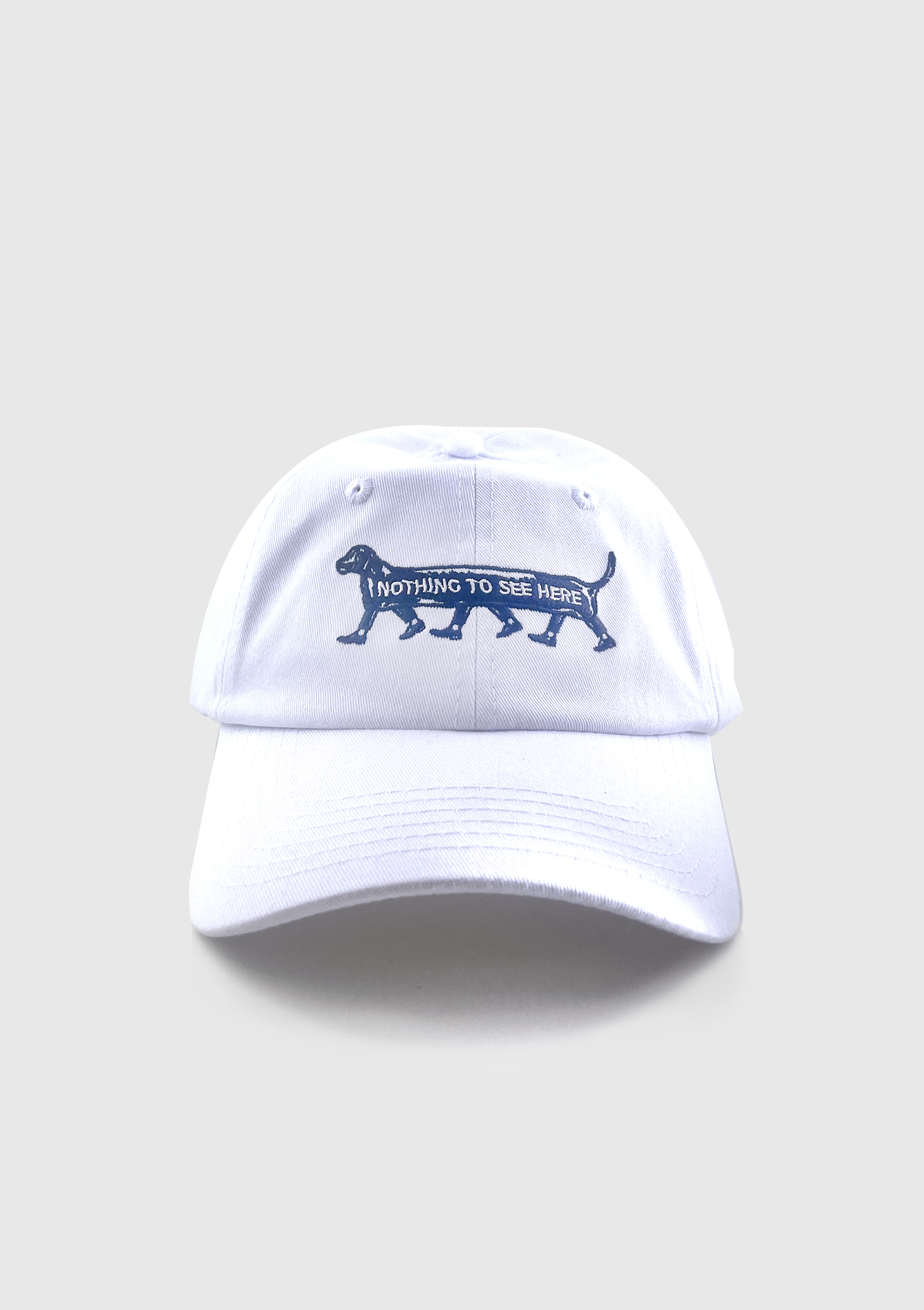 White dad hat embroidered with a dachshund and the words Nothing to See Here - PABOOM
