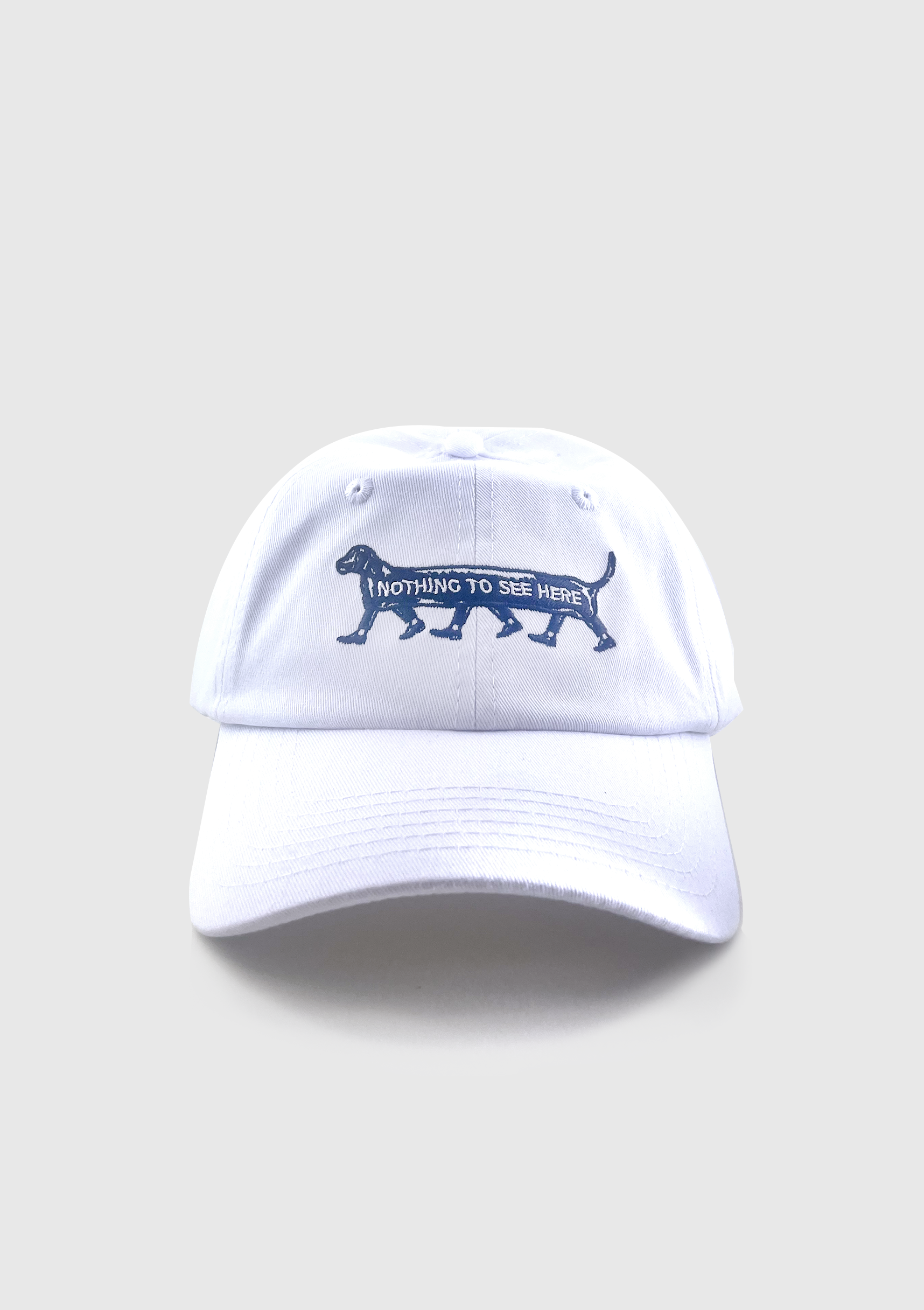 White dad hat embroidered with a dachshund and the words Nothing to See Here - PABOOM