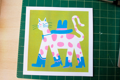 Cowboy Cat Square Risograph Art Print