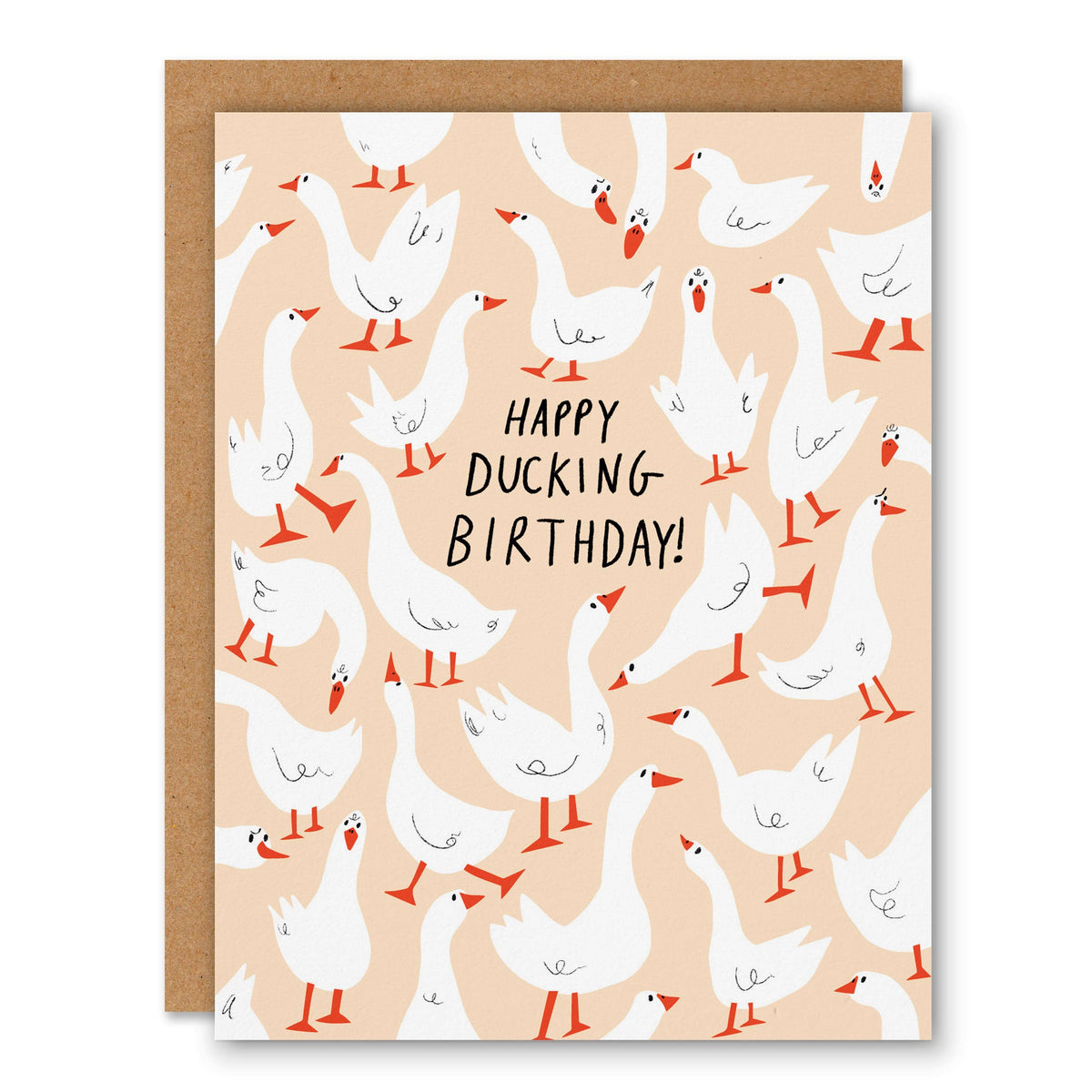 Peach birthday card covered in white geese with orange feet and Happy Ducking Birthday lettering - PABOOM