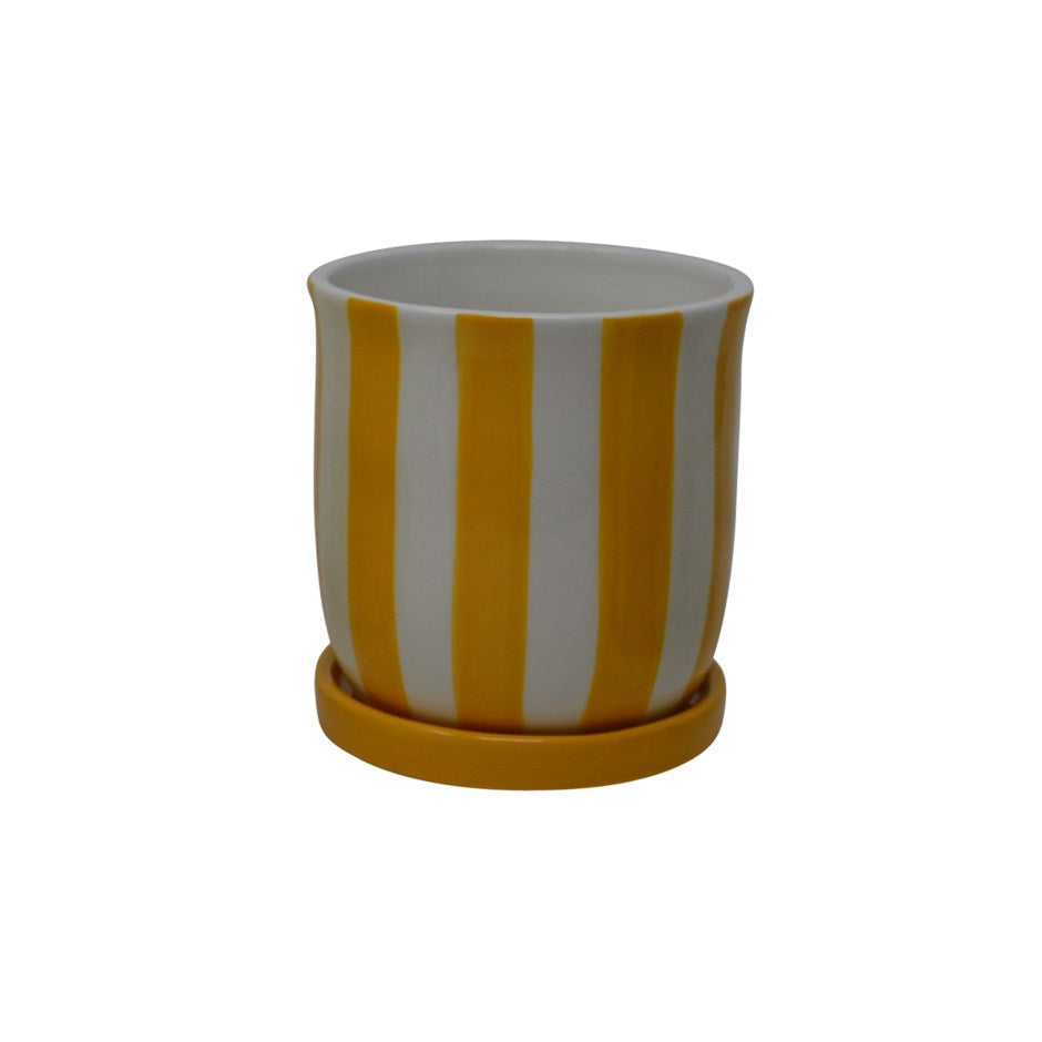 Yellow Striped Ceramic Planter With Saucer