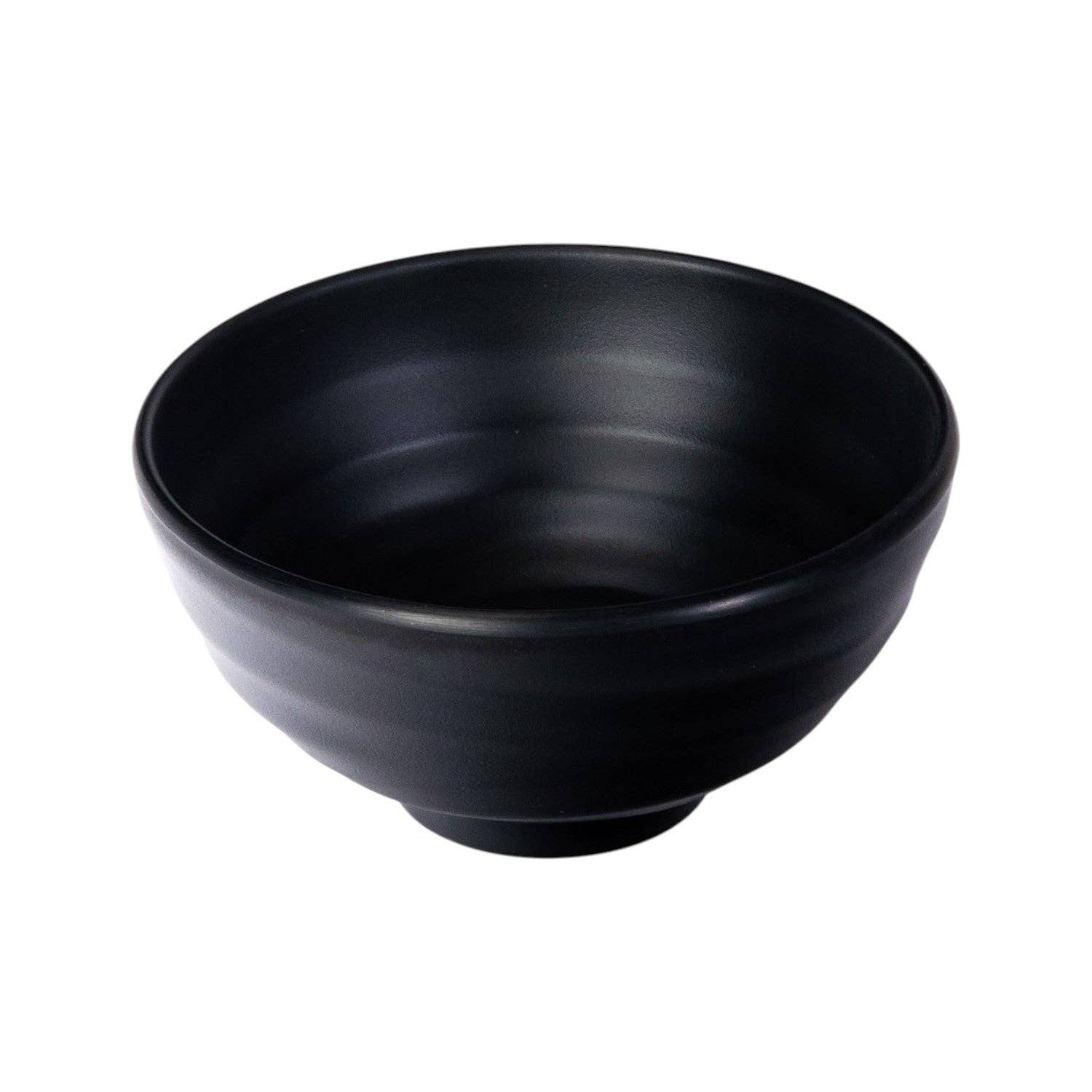 Matte black ribbed melamine bowl viewed from a front angle