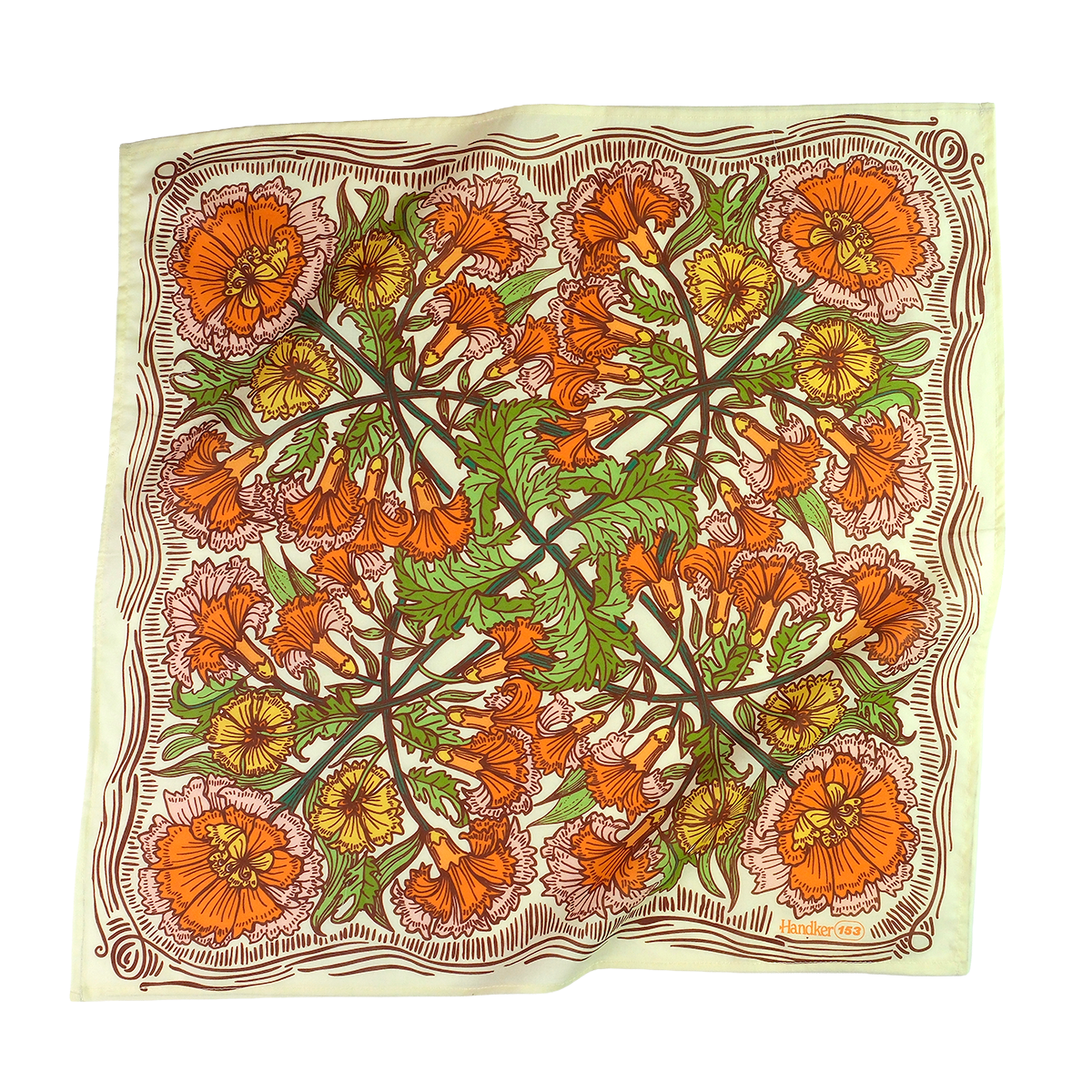 Hannah Bandana flat lay in cream, orange, green, gold and pink