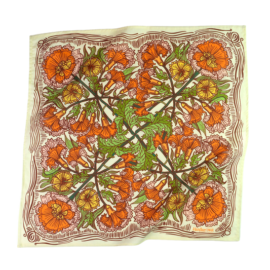 Hannah Bandana flat lay in cream, orange, green, gold and pink