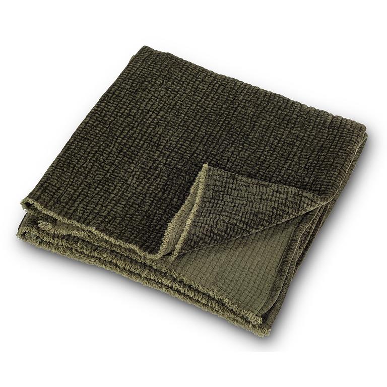 Dark green ribbed chenille throw blanket, 50 by 60 inches, draped over furniture