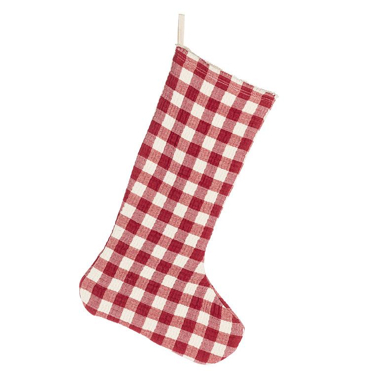 Large red and white gingham check Christmas stocking with a hanging loop, 20 inches long