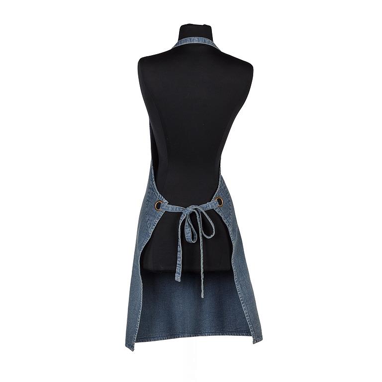 Denim-look cotton canvas apron with a wide front pocket
