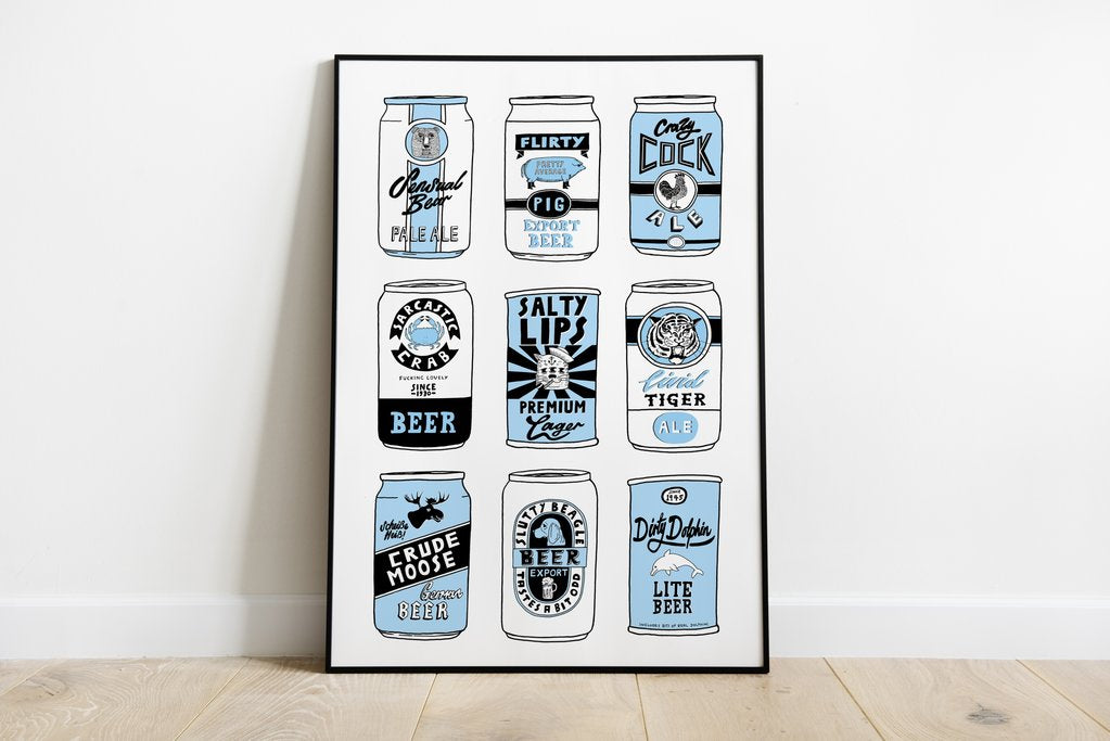 Beer Cans Black + Blue A3 Print