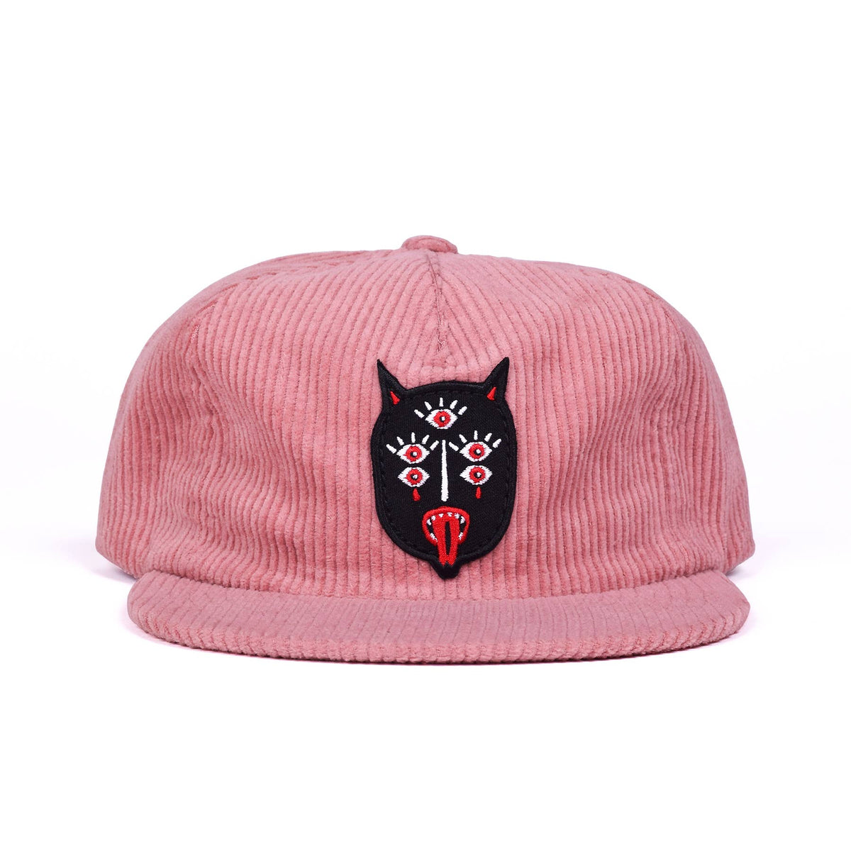 Pink corduroy dad hat with black embroidered Snake Lord patch featuring three eyes and a red tongue - PABOOM