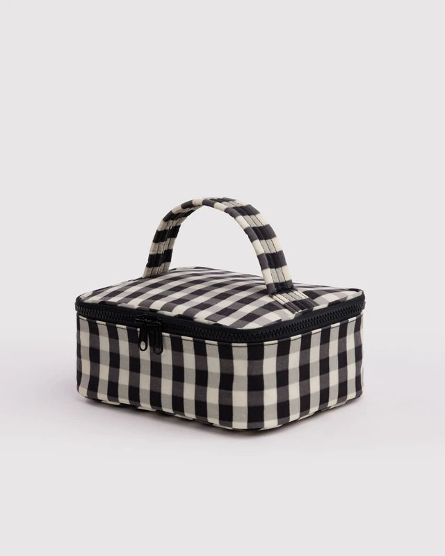BAGGU Small Cosmetic Case in Black and Cream Gingham print with piped silhouette and zip closure - PABOOM