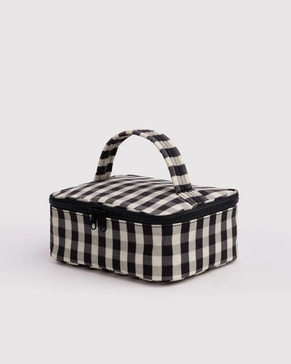 BAGGU Small Cosmetic Case in Black and Cream Gingham print with piped silhouette and zip closure - PABOOM
