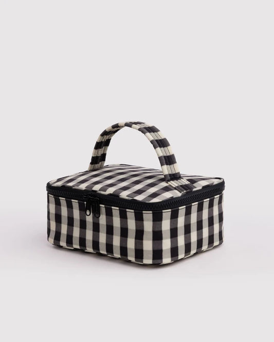 BAGGU Small Cosmetic Case in Black and Cream Gingham print with piped silhouette and zip closure - PABOOM