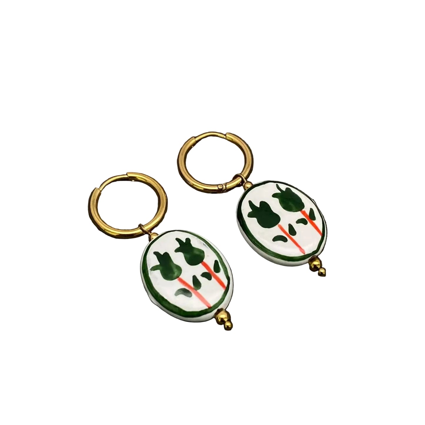 Flower Pattern Ceramic Huggie Earrings - Green