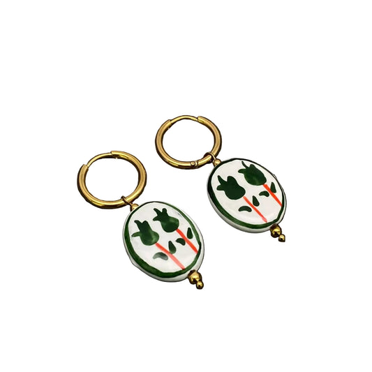 Flower Pattern Ceramic Huggie Earrings - Green