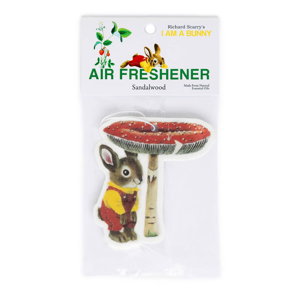 Mushroom and bunny-shaped air freshener from Richard Scarry's I Am a Bunny, packaged with a Sandalwood scent label reading 'Made From Natural Essential Oils.'