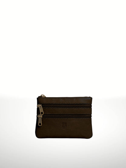 Titan Leather Wallet in Brown — compact three-zip leather pouch with embossed logo tab, shown flat on white background