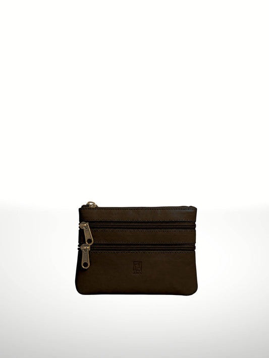 Titan Leather Wallet in Brown — compact three-zip leather pouch with embossed logo tab, shown flat on white background