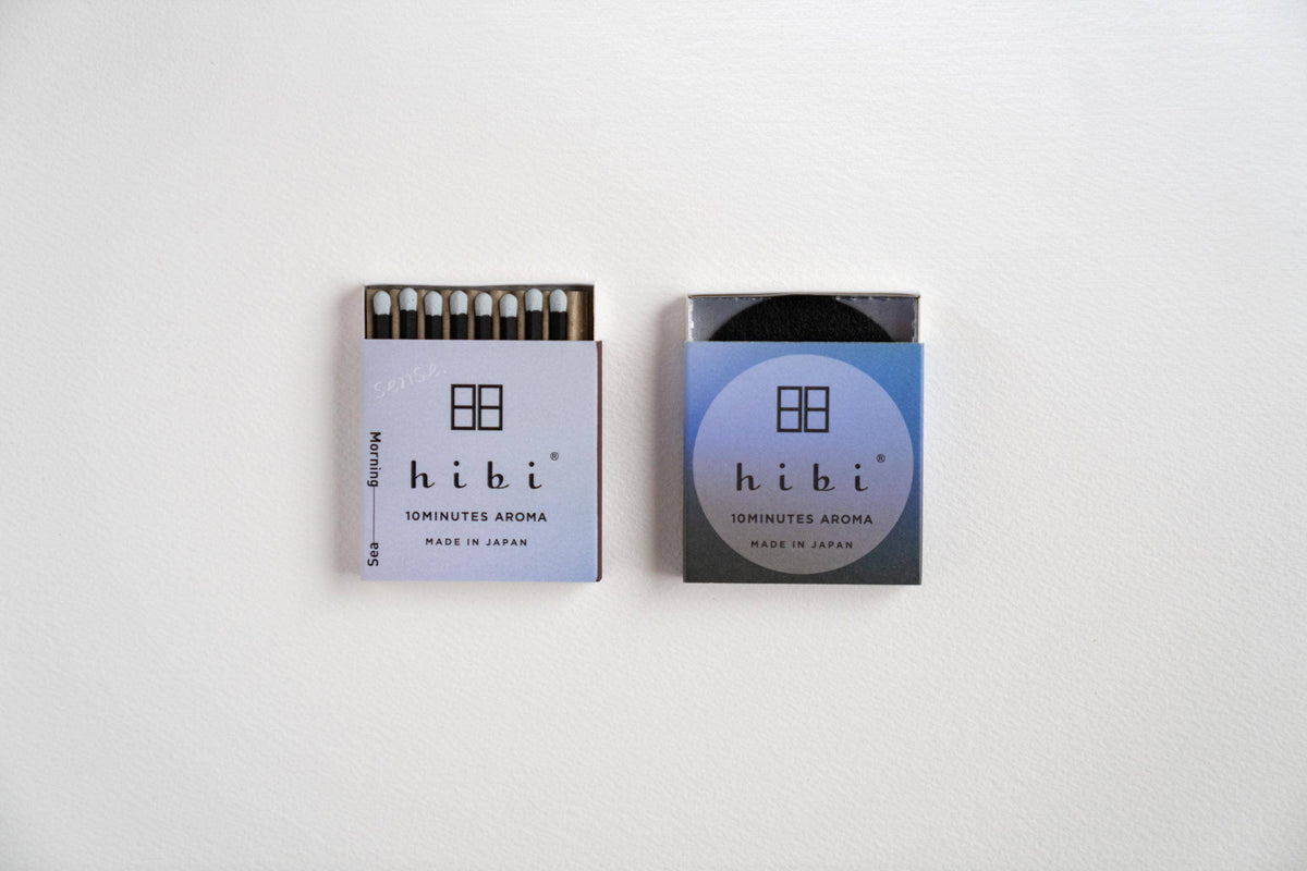 Hibi Sea - Morning incense matches in a lavender-grey gradient box, open to show matchsticks beside a closed box - PABOOM
