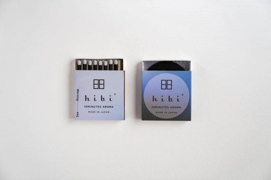 Hibi Sea - Morning incense matches in a lavender-grey gradient box, open to show matchsticks beside a closed box - PABOOM