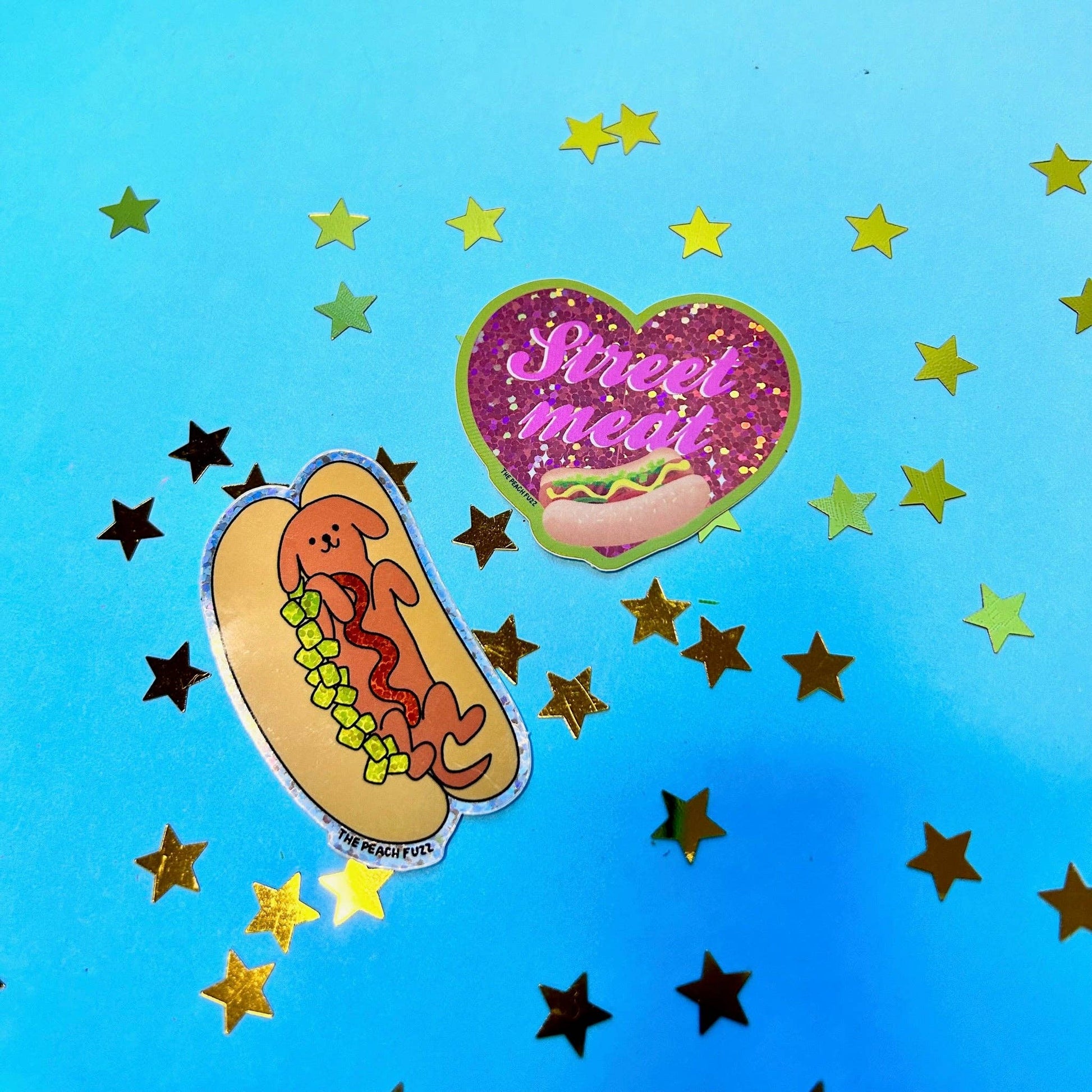 Hot Doggy Dog sticker styled with other The Peach Fuzz products