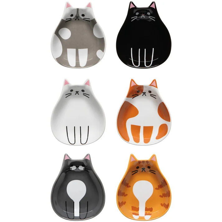 Six cat-shaped stoneware pinch bowls in grey, black, white, orange, and calico patterns – PABOOM