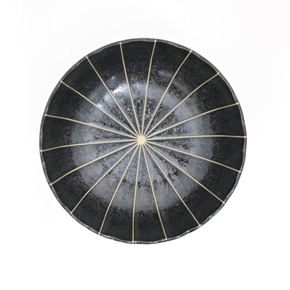 Black Japanese shallow bowl styled with food - PABOOM