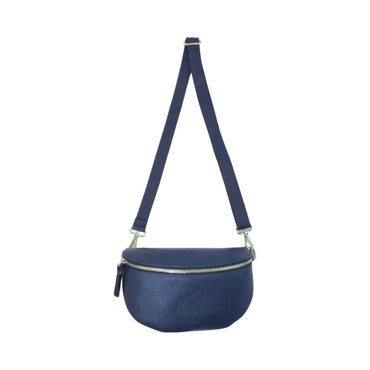 Navy grained leather belt bag strap, close-up
