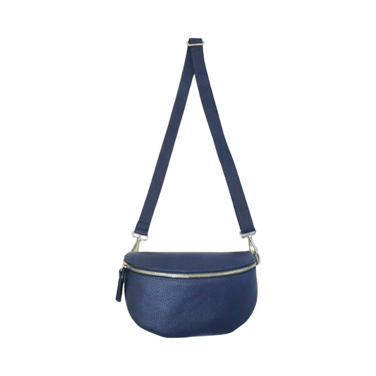 Navy grained leather belt bag strap, close-up