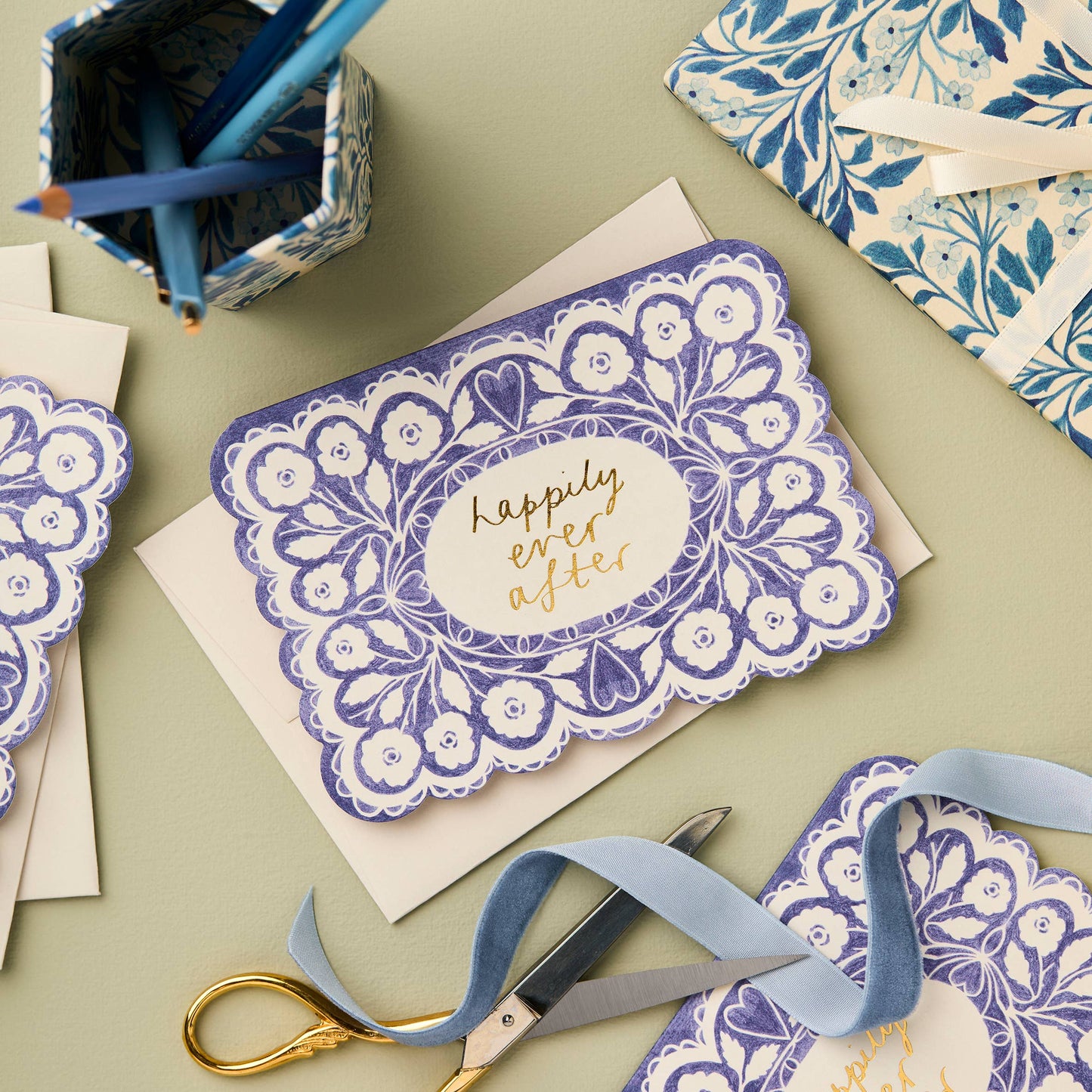 Lace Happily Ever After card shown with matching gift wrap and ribbon