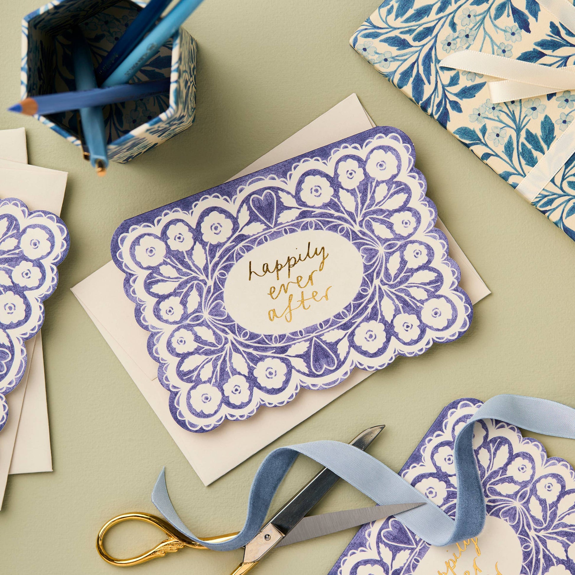 Lace Happily Ever After card shown with matching gift wrap and ribbon