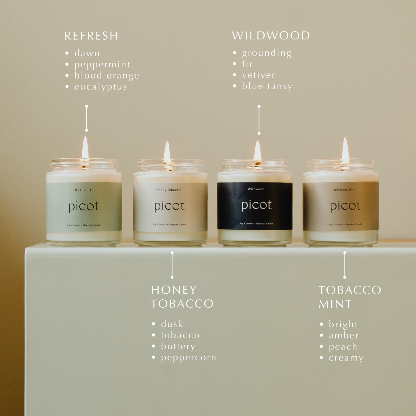 Four lit Picot scented candles in glass jars arranged on a pedestal, with scent names and ingredient lists overlaid above and below: Refresh, Wildwood, Honey Tobacco, and Tobacco Mint.