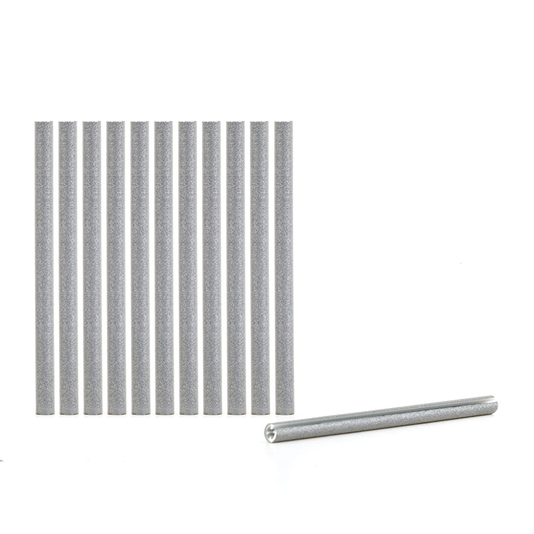Set of twelve grey snap-on bike spoke reflectors arranged in a row, with one shown separately in profile.