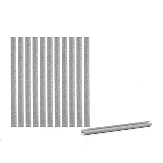 Set of twelve grey snap-on bike spoke reflectors arranged in a row, with one shown separately in profile.