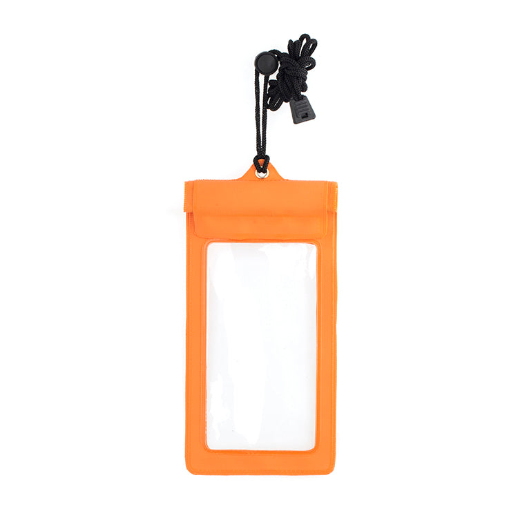 Orange waterproof phone sleeve with clear front window and black adjustable lanyard, shown flat on a white background.