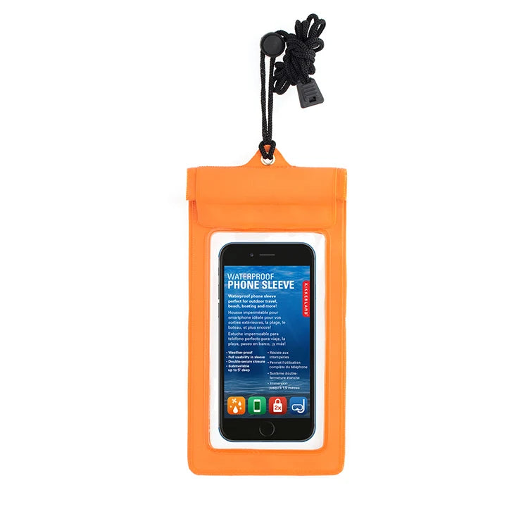 Waterproof phone sleeve packaging on white background.