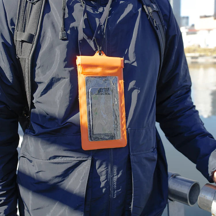 Waterproof phone sleeve shown with a smartphone inside.