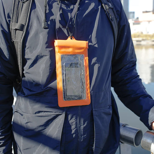 Waterproof phone sleeve shown with a smartphone inside.