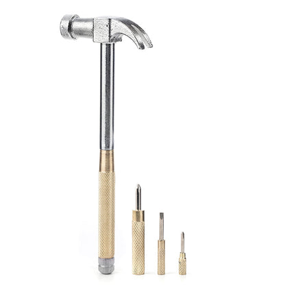 Claw hammer with brass handle and cast steel head, shown beside three unscrewed brass screwdriver bit holders.