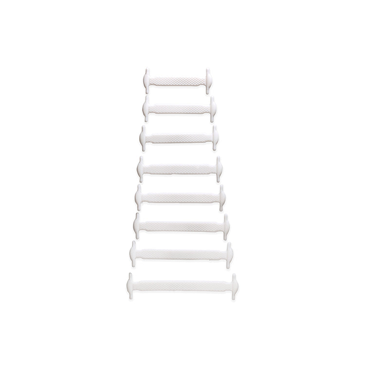 Eight white silicone no-tie shoe bands arranged in a row on a white background.