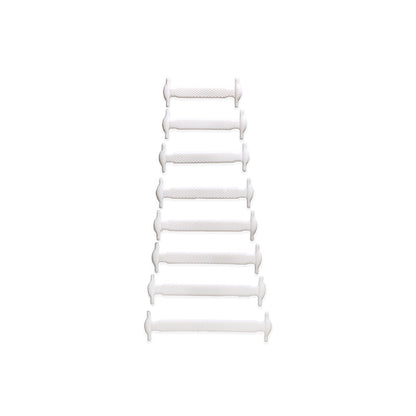 Eight white silicone no-tie shoe bands arranged in a row on a white background.