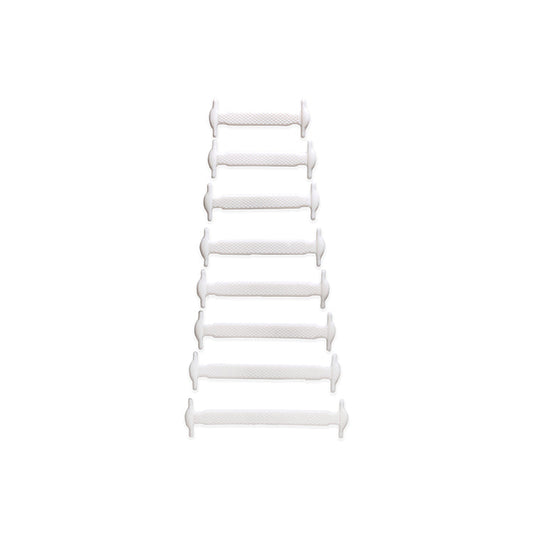 Eight white silicone no-tie shoe bands arranged in a row on a white background.